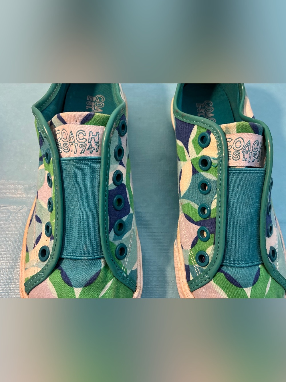 Coach Women’s Green and Teal Patterned Slip-On Sneakers Size 6B